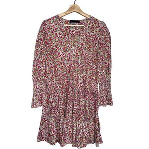 Pomander Place XS Floral Tiered Mini Dress Ditsy Floral Pink Green Cotton